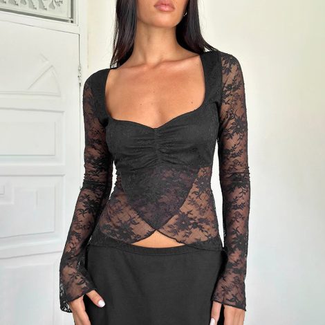 European And American Style Elegant Slim Fit Sexy Style Slit Lace Smock Top Women