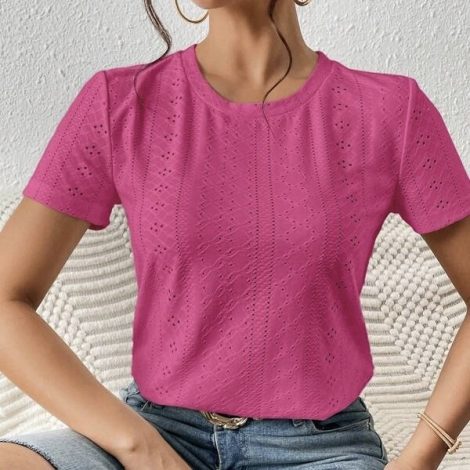 Women's Solid Color Mesh Embroidery Versatile Casual Style Loose Fit Round Neck T-shirt Top