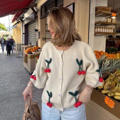 Three-dimensional Flower Round Neck Cardigan Knitted Short Sleeve
