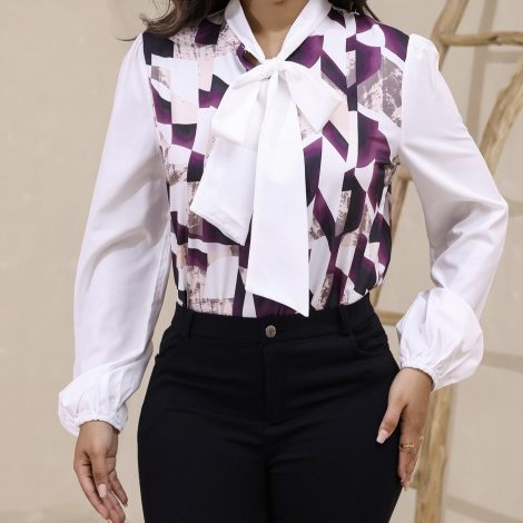 Ladies' Fashionable Geometric Pattern Elegant Temperament Long Sleeved Shirt