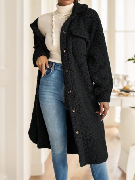 Calvaya Drop Shoulder Flap Detail Teddy Coat