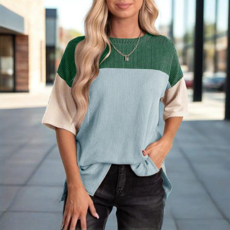 Women's Color Block Casual T-Shirt Short Sleeve Crew Neck Loose T-Shirt Top