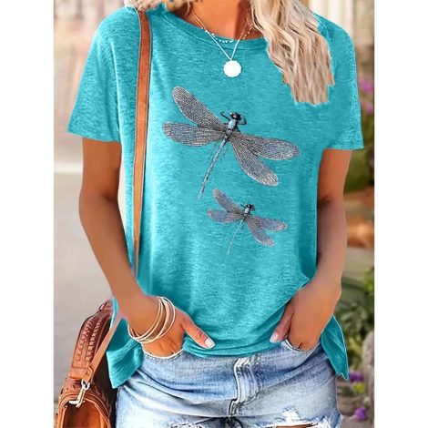 Women's Two Dragonflies Print Short Sleeve T-Shirt Casual Crew Neck Spring Summer Top