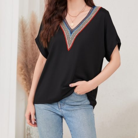 Women's Loose Fit Short Sleeved Breathable Casual Lace V-neck Shirt Top