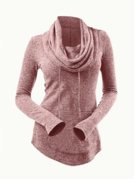 Solid Color Cowl Neck T-shirt, Casual Pocket Long Sleeve T-Shirt