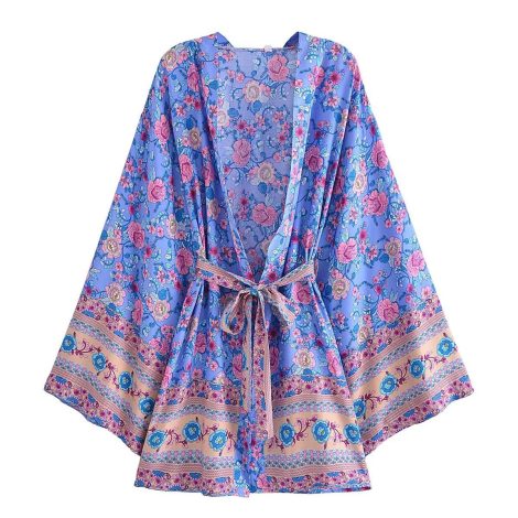 Rayon Bohemian Printed Belt Kimono Jacket Cardigan