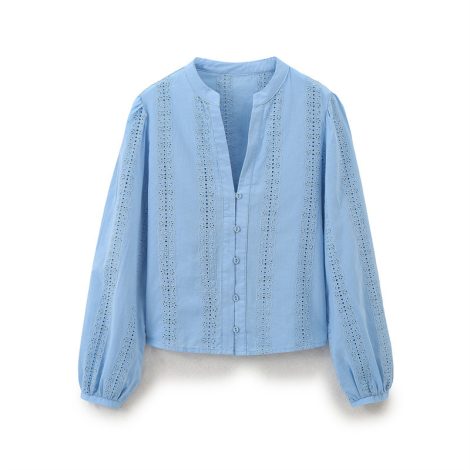 European And American Temperament Crew Neck Long Sleeve Single-breasted Blue Embroidered Shirt For Women