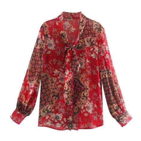 Gold Thread Chiffon Printing Shirt With Ribbon