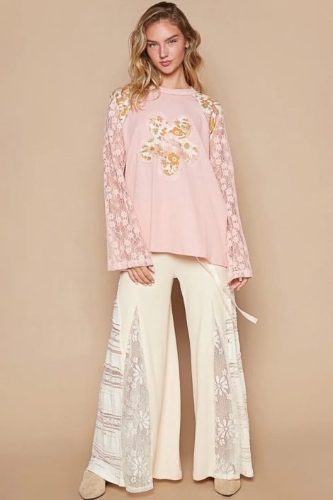 POL Flower Patch Lace Sleeve Knit Top