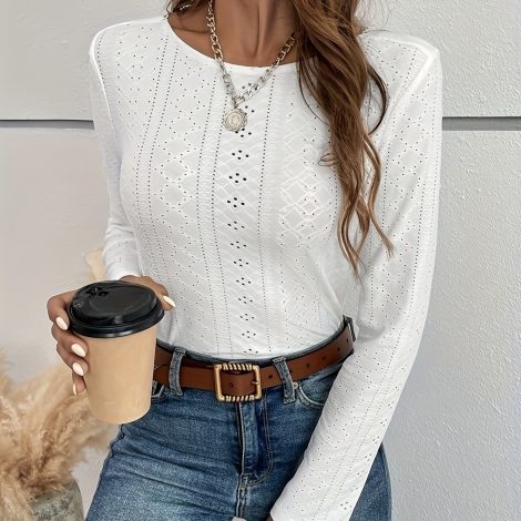 Women's New Spring And Autumn Eyelets Embroidered Button Back Design T-shirt