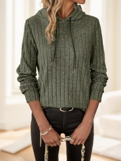 Solid Color Drawstring Ribbed Hoodie