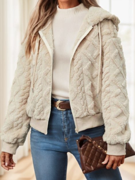 Zip Up Drop Shoulder Hooded Teddy Jacket