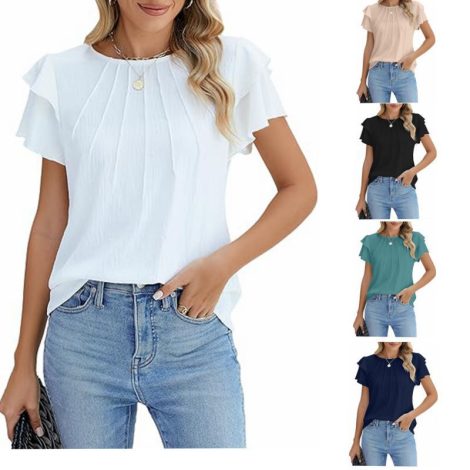 Hot Selling Women's Formal Casual Summer Pleated Short Sleeved Round Neck Top, Business Work Shirt