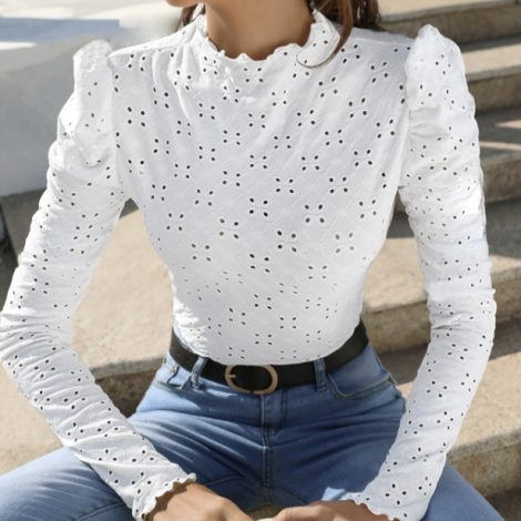 Ladies' Black Fungus Edge Collar Cuffs Hollowed Out Slim Fit Date Party Simple And Versatile Long Sleeved T-shirt