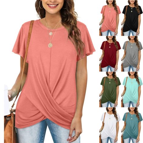 Women's Plus Size Twist Front T Shirt Casual Short Sleeve Round Neck Tunic Tops
