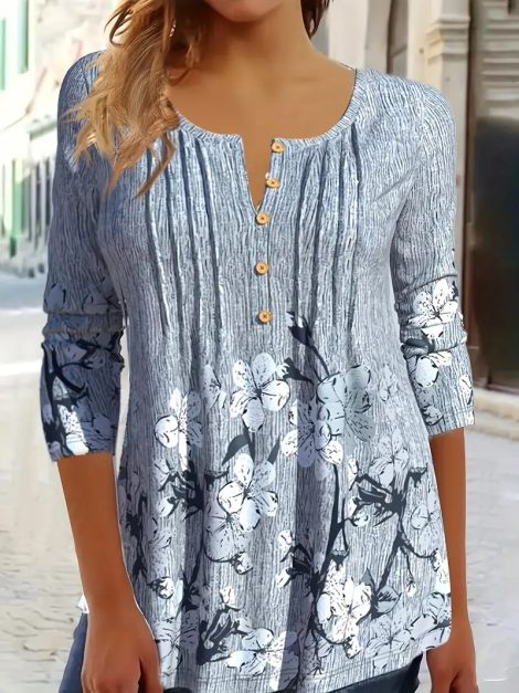 Spring And Autumn Casual Print Spike Button Crew Neck Long Sleeve T-shirt