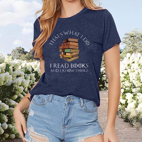 Women's Fashionable Short-Sleeve Round Neck T-Shirt With Book Printed Summer Top