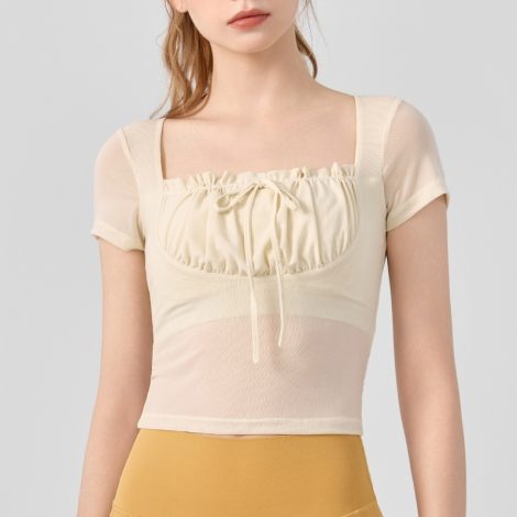 Lace Pleated Yoga Clothing Top Sports Short Sleeve With Chest Pad