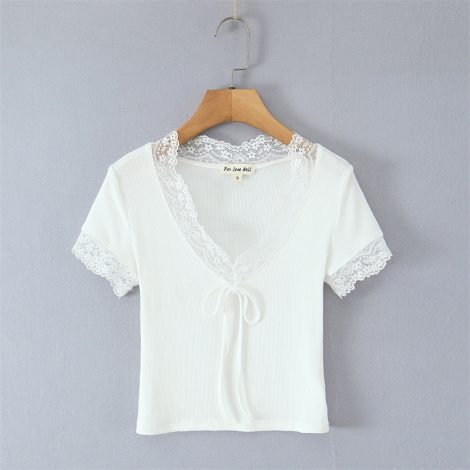 French Style Lace V-neck Slim Fit All-match Knitted T-shirt