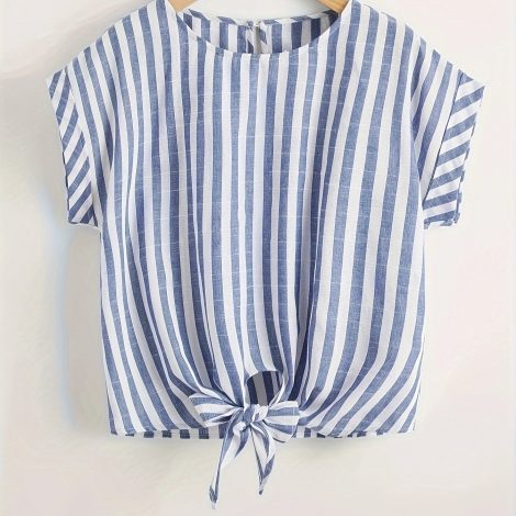 Ladies' Fashionable Cuffs, Hem, Striped Top, Round Neckline, Button Ties, Button Up Shirt