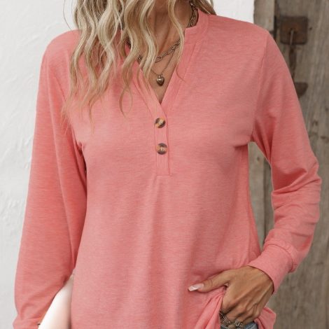 Ladies' Fashion New Button Peach Red Open Neck T-shirt Casual Top