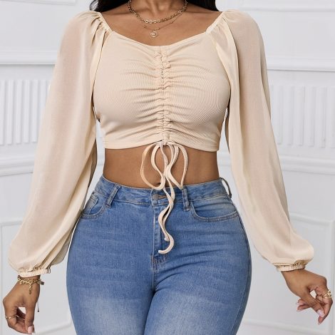 Ladies' Solid Color Fashionable Drawstring Strap Lantern Sleeve Exposed Navel Sexy Versatile Shirt T-shirt Top