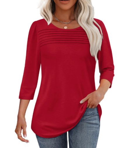 Ladies' Autumn And Winter Round Neck Three-quarters Sleeved Chest Tuck Line Pleated Top