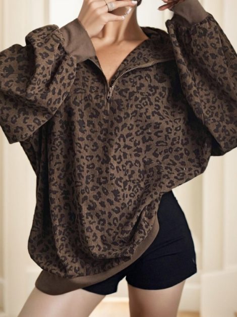 Women Casual Zip Up Front Long Sleeve Leopard Print Sweatshirt