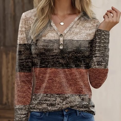 Women's Pullover Color Block Casual Print V-neck Long Sleeved T-shirt
