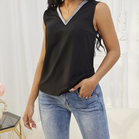Ladies' Black V-neck Sequined Detail Top With Camisole Vest