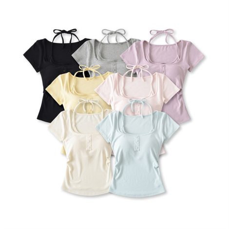 Sweet And Spicy Halter Lace-up Slim-fit With Brassiere Pad Fake Two Pieces Short Sleeve T-shirt