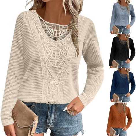 Women's Lace Trim Round Collar Long Sleeves T-Shirt, Breathable Stretch Casual Top For Spring Autumn Blouse & Daily Chic