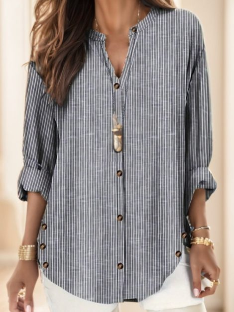 Women's Vertical Striped Notched Collar Shirt,Long Sleeve Tops