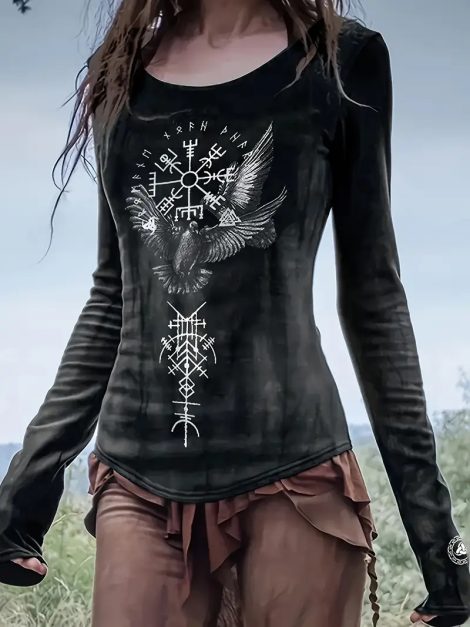 Vintage Tribal Bird Viking Ethnic Pattern Long Sleeve T-Shirt