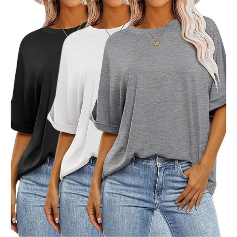 3 Pcs Women Oversized T-Shirt Short Sleeve Crew Neck Tee Tops Summer Casual Loose Tee T-Shirt