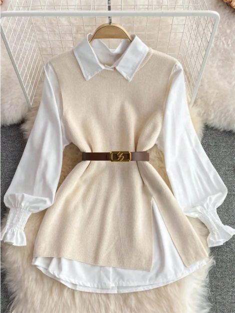Women Vintage Apricot Split Hem Rib Knit Vest