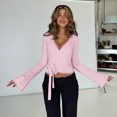 European And American V-neck Slim Lace Tied Long Sleeves Top