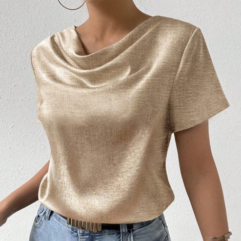 Women's Cowl Neck Short Sleeve Top, Solid Color Loose Fit Summer Office Casual Shirt