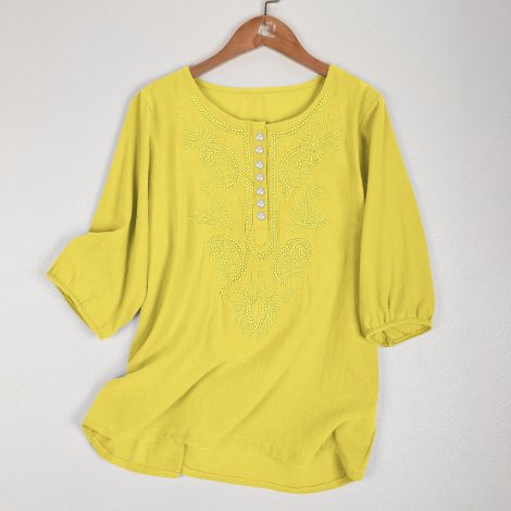 Artistic Retro Loose Design Embroidered Crew Neck Thin Cotton And Linen Women's Top