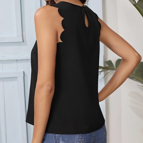 Women's Solid Color Round Neck Scallop Decorative Top With Wavy Cuffs And Short Sleeved T-shirt