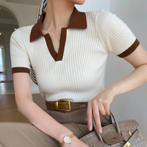 Women's French Retro Color Effect Collar Knitted Short Sleeve