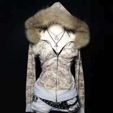 Retro Alphabet Embroidered Autumn And Winter Fur Collar Hood Cardigan Coat Sweatshirt