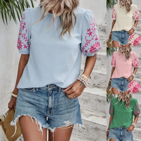 Women's SpringSummer Embroidered Crew Neck Bubble Short Sleeve Shirt Top