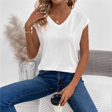 Women's Solid Color And V-neck Short Sleeve Loose