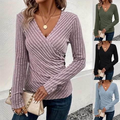 Spring And Autumn Women's Solid Color And V-neck Long-sleeved T-shirt Top