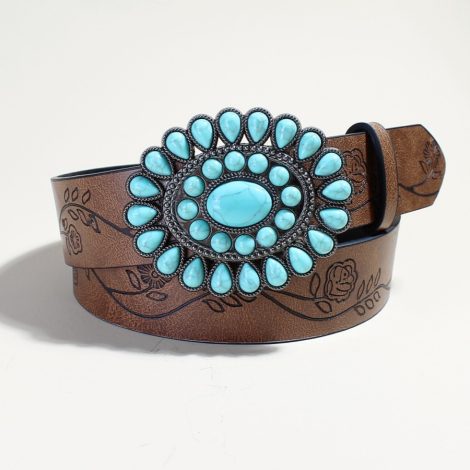 Flow New Rose Pattern Printed Green Pine Beads Alloy Buckle Characteristic Belt Female