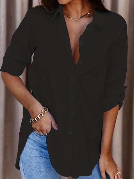 Plus Size Solid Color Shirt Buttons White Black Red