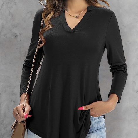 Women's Solid Color Waistband Top With Rolled Sleeves, V-neck Shirt, Long Sleeved Shirt, T-shirt