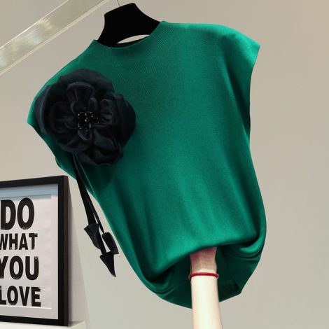 Exquisite Flowers Beaded Sleeveless T-shirt