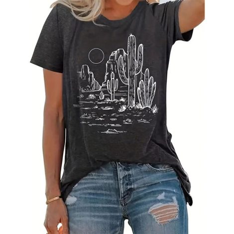 Women's Cactus Graphic Print Casual Crew Neck Short Sleeve T-shirt